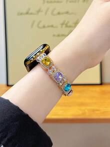 1pc Gemstone & Glitter Jewelry Crystal Diamond Encrusted Gold Metal Frame Watch Band, Compatible With Ultra3 2 1 SE S10 S9 S8 S7 S6 S5 S4 S3 S2 S1, Fashionable & Elegant, Suitable For 38mm 40mm 41mm 42mm 44mm 45mm 46mm 49mm Smart Watches Women