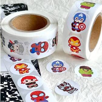  Marvel 500pcs Superhero Spider Man Iron Man, Sticker Decoration Seal Stickers, Circular Sticker Gifts, Suitable For DIY Packaging Candy Bag Decoration, Suitable As Birthday Gifts, Halloween, Christmas, Graduation Season, Holiday Party Gifts