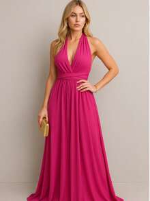 Marianela Long Helanca V-Neck Dress For Bridesmaid Party, Graduation, Guest, Evening Event - Hồng - Xem 2