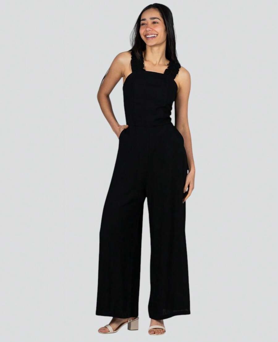 Women's Pantaloon Jumpsuit With Medium Straps In Elastic Viscose In Black .517-1 - Black - View 1