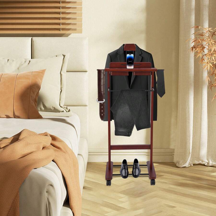 Wood Suit Rack, Freestanding Clothing Stand, Suit Stand With 4 Universal Wheels - Default - View 1