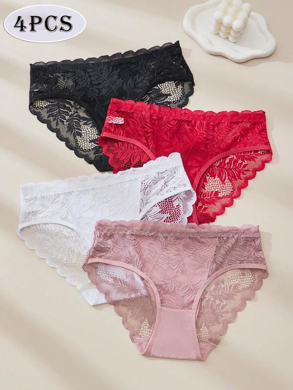 4 قطع من السراويل الداخلية للنساء بتصميم مثلث، متوسطة الارتفاع، دانتيل جذاب ومريح، تصميم شبكي شفاف، نقي وحلو، مناسب للطالبات والاستخدام اليومي، بألوان وردي وأبيض وأحمر وأسود بسيط