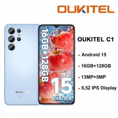  OUKITEL C1 无锁智能手机，6.52 英寸高清+显示屏，16(4+12)GB+128GB，Android 15 操作系统，双 4G SIM 卡，13MP+5MP 摄像头，5150mAh 电池，指纹解锁，OTG/GPS（不含充电器）