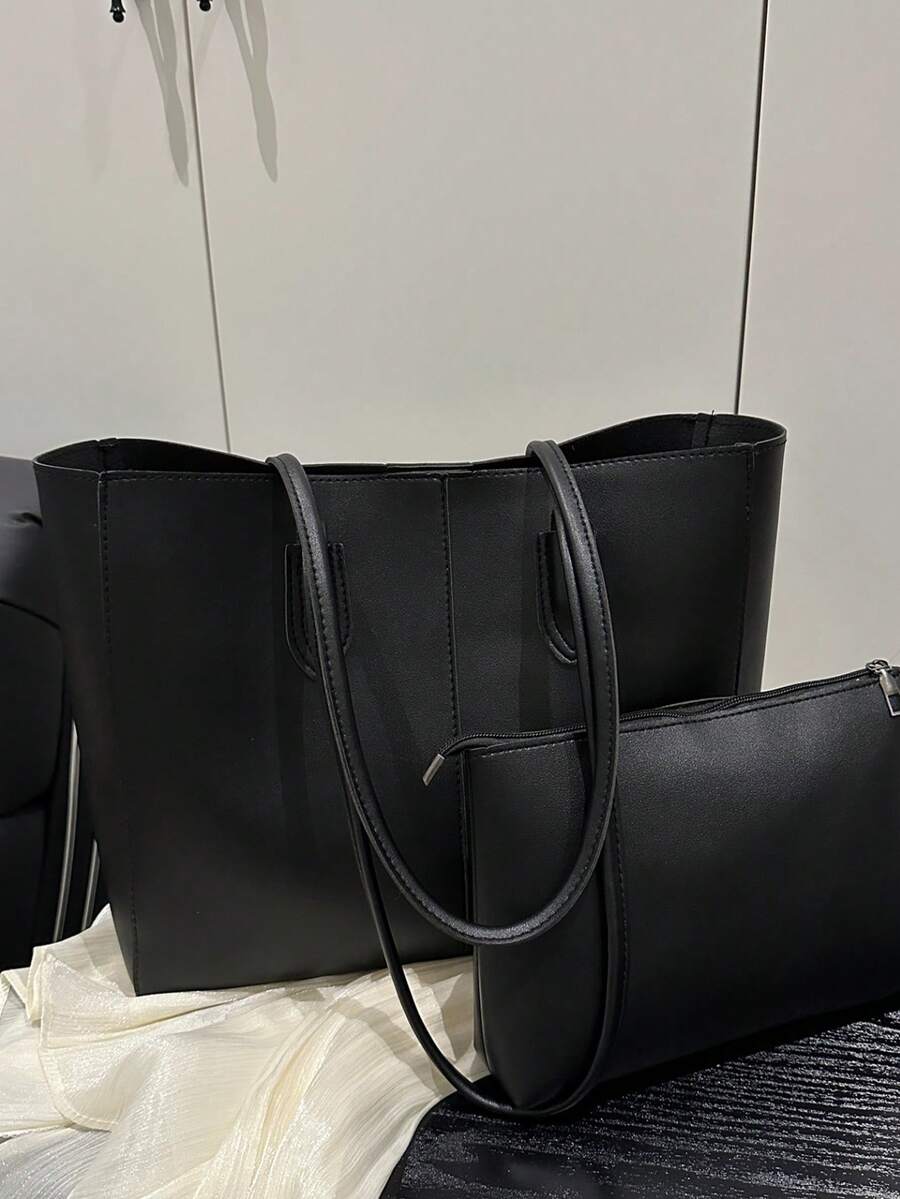 2pcs Women Black Quilted Lining Shoulder Tote Bag, Fashion Large Capacity Combination Handbag With Snap Closure, Casual Street Style For Daily Commute - Black - View 1