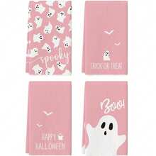 [Halloween And Christmas Decoration] 2/4 Pieces Of Halloween And Christmas Kitchen Towels, Pink And White Ghost Style Tableware Towels, And Gingerbread Man Towels Are Terrifying Dry Hand Tea Towels Used For Cooking And Wiping. They Are Soft, Comfortable, Absorbent, And Durable, Suitable For Home Decoration And Halloween Party Decoration. Halloween Decoration, Room Decoration, Autumn Decoration, Winter Decoration.