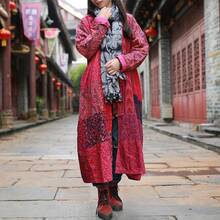 LUZU JUNU Women's Trench Coat Floral Print Long Cotton Linen Jacke Cottagecore Clothing Patchwork Outwear Bohemian Unique - Rose - 查看 6