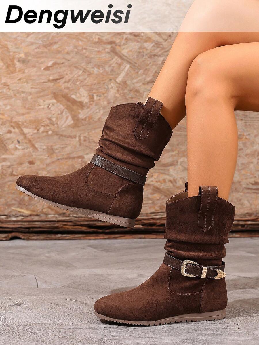Coffee Pleated Strap Buckle Slip-On Low Heel Round Toe Comfortable Versatile Elegant Daily Commute Office Fashion Mid-Calf Boots For Women - Coffee Brown - View 1