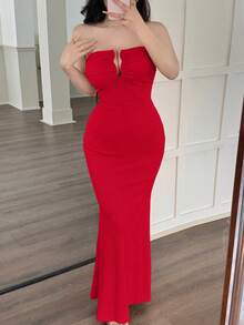 abyoxi 橙色性感深V领抹胸修身美人鱼长裙，金属装饰，露肩领口，纹理面料，休闲通勤简约优雅沙滩度假连衣裙，性感少女风春夏新款女装派对服饰 - 紅色 - 查看 6