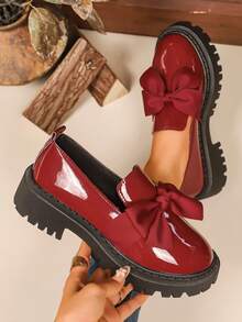 Bowknot Preppy Style Lace-Up Casual Sneakers For Women, Thick Sole Non-Slip Countryside Vacation Outdoor Dance Running Hiking Shoes, Solid Color Preppy College Street Casual Sports Shoes, Running Fitness Student Flat Shoes, Beach Wedding Party Office Home Gym Outdoor All Season Comfortable Breathable Low Price Smooth Fabric Nurse Shoes Sole Loafers Red Flats