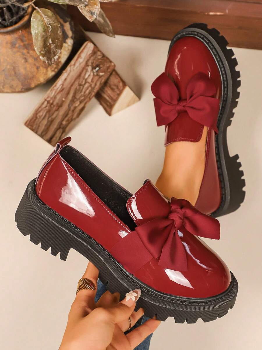 Bowknot Preppy Style Lace-Up Casual Sneakers For Women, Thick Sole Non-Slip Countryside Vacation Outdoor Dance Running Hiking Shoes, Solid Color Preppy College Street Casual Sports Shoes, Running Fitness Student Flat Shoes, Beach Wedding Party Office Home Gym Outdoor All Season Comfortable Breathable Low Price Smooth Fabric Nurse Shoes Sole Loafers Red Flats