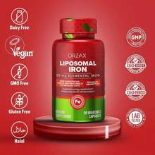 ORZAX Iron Supplement 25 Mg -Liposomal Technology- High Bioavailability 90 Vegetable Capsules, Helps New Blood Cell Production, Non-Constipating, Non-GMO &Amp; Gluten Free, For Women, Men, Adults - Tên hương vịA - Xem 2