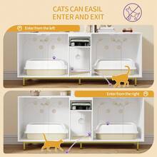 HaluPeit Cat Cabinet For 2 Cats, Litter Box Cabinet, Hidden Cat House With Double Rooms, With Storage Space, Plush Balls, Can Be Used As A TV Cabinet, 140 X 48 X 62 Cm, White And Gold - 白色 - 查看 7