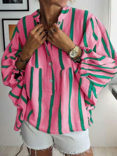 Plus Size Women Ruffle Sleeve V-Neck Random Striped Print Blouse Top, Autumn