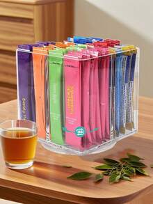1个透明饮料包收纳盒，桌面旋转茶包咖啡分隔收纳盒，可重复使用的咖啡站、橱柜、食品储藏室、台面、办公室、厨房、化妆品盒收纳盒。