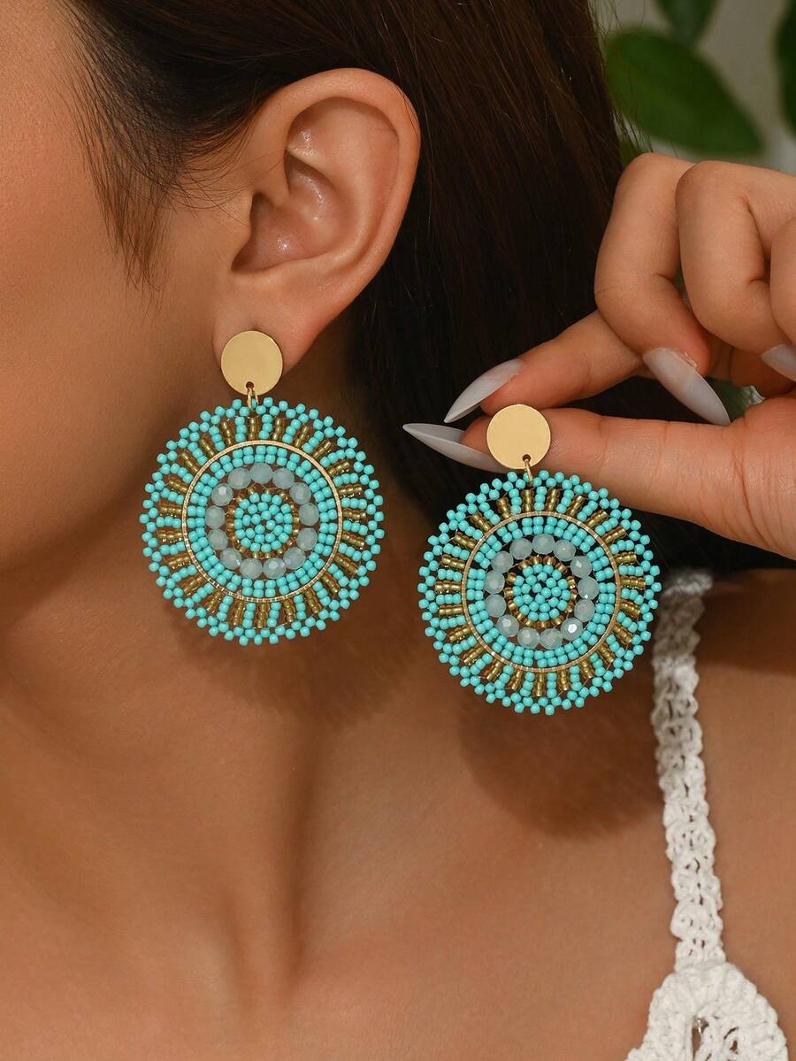 1 par de pendientes de disco tejidos a mano en verde vintage con borlas de cuentas de colores, estilo bohemio adecuado para uso diario por mujeres (hecho a mano, los colores y posiciones de las cuentas son aleatorios, es posible una ligera fricción entre las cuentas y los discos) - Verde - Ver 1