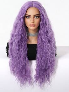 Parrucca sintetica ondulata lunga e riccia, con riga centrale, senza frangia, adatta per Ognissanti, Natale, festival, cappello verde, parrucca multicolore viola