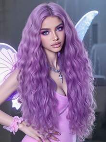 Parrucca sintetica ondulata lunga e riccia, con riga centrale, senza frangia, adatta per Ognissanti, Natale, festival, cappello verde, parrucca multicolore viola