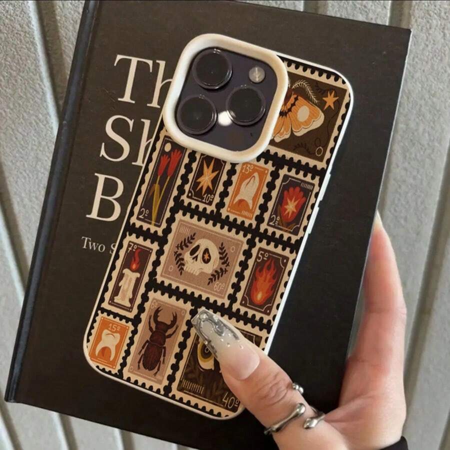 1pc Vintage Skull & Insect Stamp Pattern TPU Phone Case, Compatible With IPhone/ Phones - White - View 1