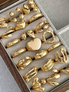 Juego de 17 piezas de anillos de mujer con diseño geométrico de líneas y bolas en estilo retro y punk exagerado, anillos apilables de moda - Amarillo Oro - Ver 1