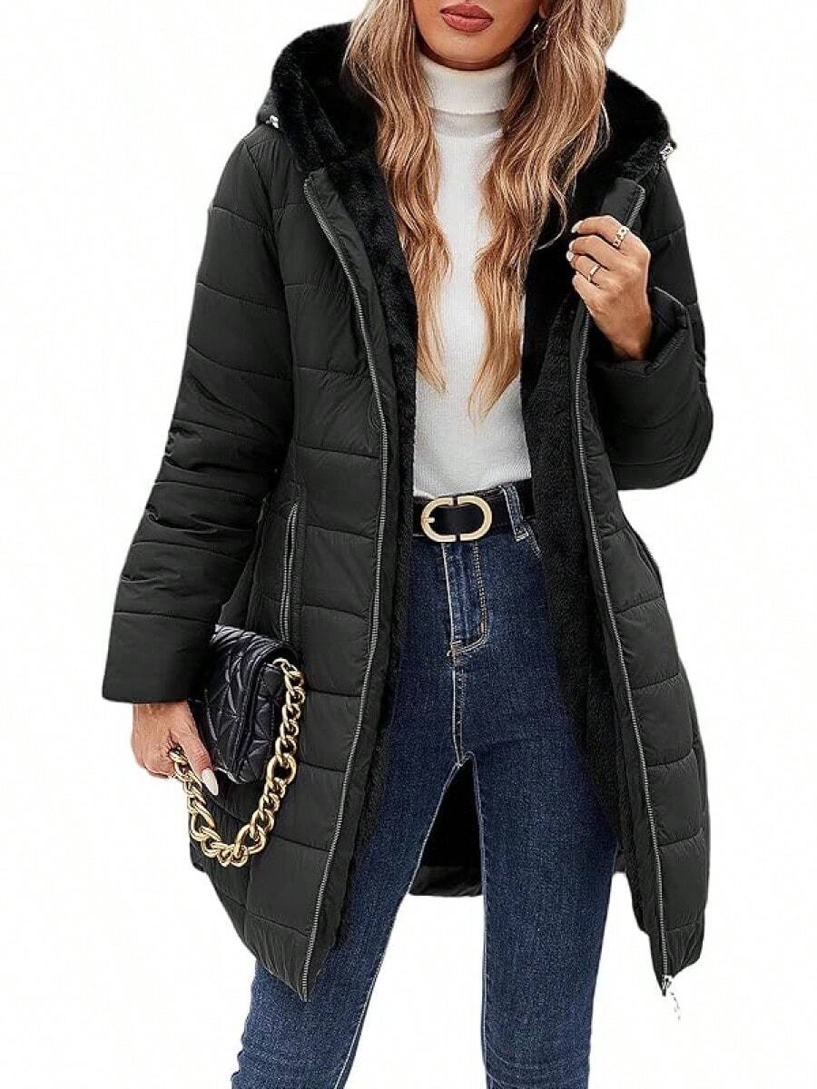 Women's Winter Windproof Fur Warm Slim Fit Down Jacket - Long Ski Coat For Commuting - 黑色 - 查看 1