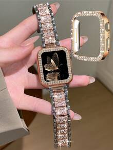 一套，兼容苹果手表表带+表壳，玫瑰金金属表带，镶嵌闪亮钻石，兼容苹果手表38/40/41/42/44/45/46/49毫米，兼容苹果手表Ultra/SE/10/9/8/7/6/5/4/3/2/1，女士表带，智能手表配件 - 玫間銀 - 查看 10