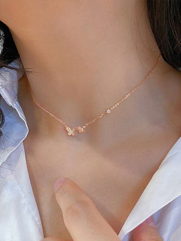 BALMORA 1pc Elegant And Exquisite S925 Sterling Silver Small Zirconia Smooth Face Double Butterflies Pendant Necklace For Women For Birthday Gift