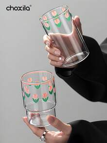 1 pieza Vaso de vidrio con estampado de flores tulipanes de colores, taza de agua, leche o café resistente a altas temperaturas - vaso de tulipán - Ver 1