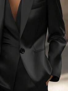 DONICY Damen Einfarbige Revers Langarm Gefütterte Schwarze Blazer Jacke, PU Leder Slim Fit Eleganter Formeller Blazer Geeignet für Herbst/Winter, Lässig Business, Formelle Anlässe, Büro, Dates, Ausgehen