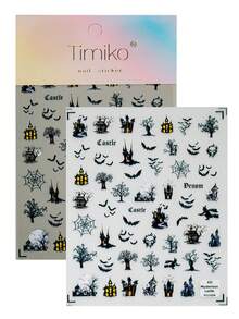 A Halloween Day Of The Dead Nail Sticker With Relief Hand Drawn Design, Dark Gothic Style, Featuring Dark Style Patterns Such As Bats, Spider Webs, Castles, Etc., Suitable For Personal DIY And Nail Salon Use