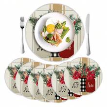 1 buc/4 buc/6 buc/60 buc Covorașe rotunde cu motive florale de Crăciun, frunze verzi și fructe de pădure roșii, covorașe din in de Crăciun, covorașe rezistente la pete, potrivite pentru casă, sufragerie și restaurant, decor de masă, articole pentru casă