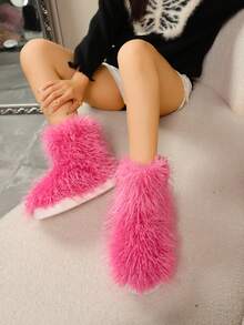 1 Pair Plus Size 36-43 Tie-Dye Christmas Solid Color Y2K Party Punk Fashion Cute Faux Fur Patchwork Faux Fur Lined Thigh High Boots, Warm For Home, Holiday, Party In Winter