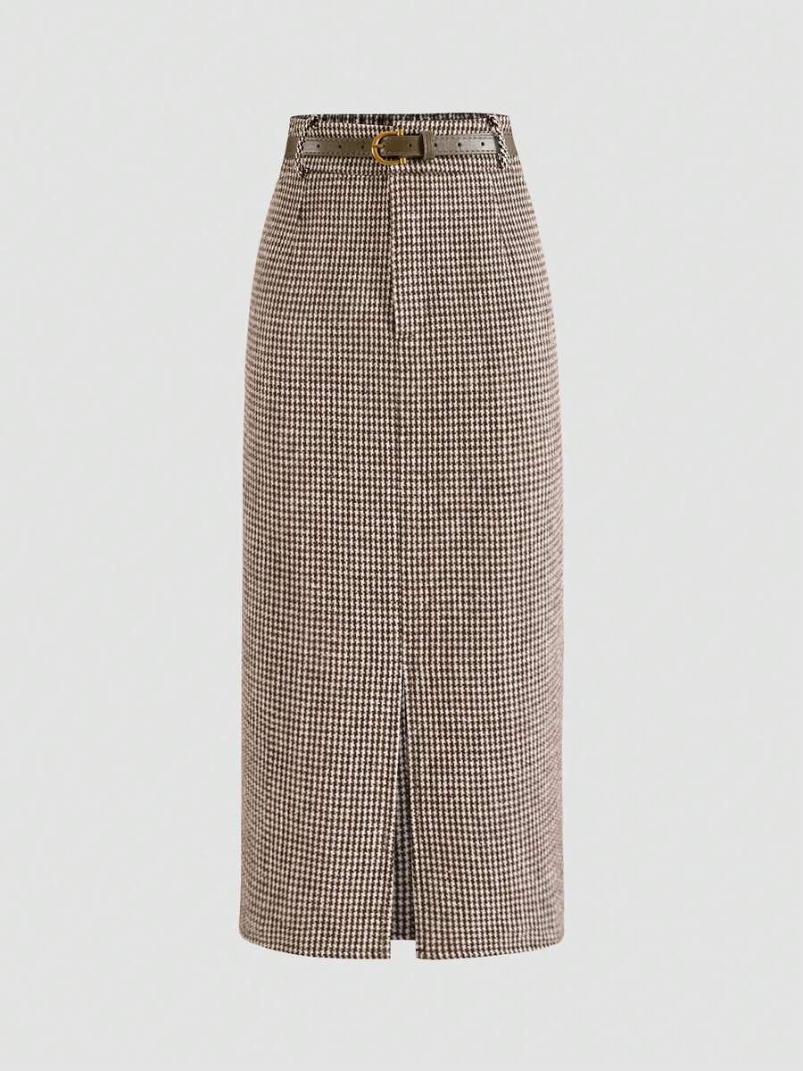 Women's Houndstooth Skirt, Fashionable, Versatile, Elegant, Loose Fit, Slimming - Dark Brown - View 1