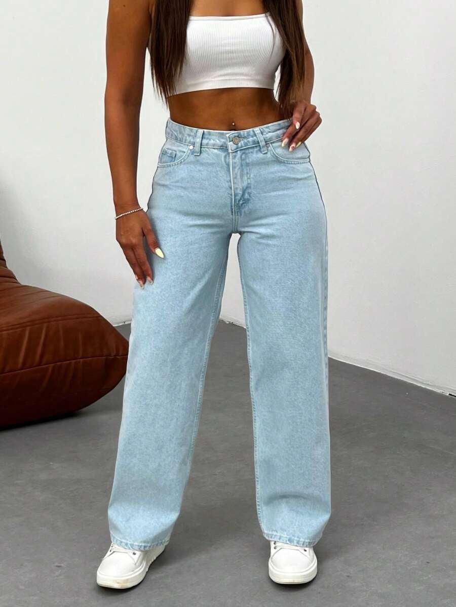 Kadın Koyu Mavi Soluk Efekt Likralı Yüksek Bel Geniş Paça Bol,Salaş Palazzo Jeans - Teal Blue - View 1