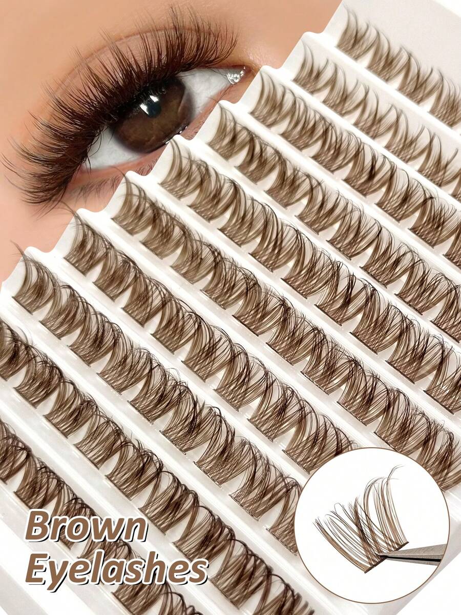 Rikuaild 100pcs Brown Cluster False Eyelashes, Enlarging Eyes, D Curl Lifting, Single Strand Grafting, Thick & Dense, Create Natural Or Thick Makeup Effect, DIY Eyelashes At Home - D - 查看 1