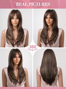 Ava WIGS 24英寸棕色渐变长直发层次感假发，带刘海，柔软易造型，耐热合成纤维，适合日常佩戴、工作、节日、假期、角色扮演，也是万圣节、圣诞节送给女性或女友的理想礼物。 - 挑染棕色 - 查看 8