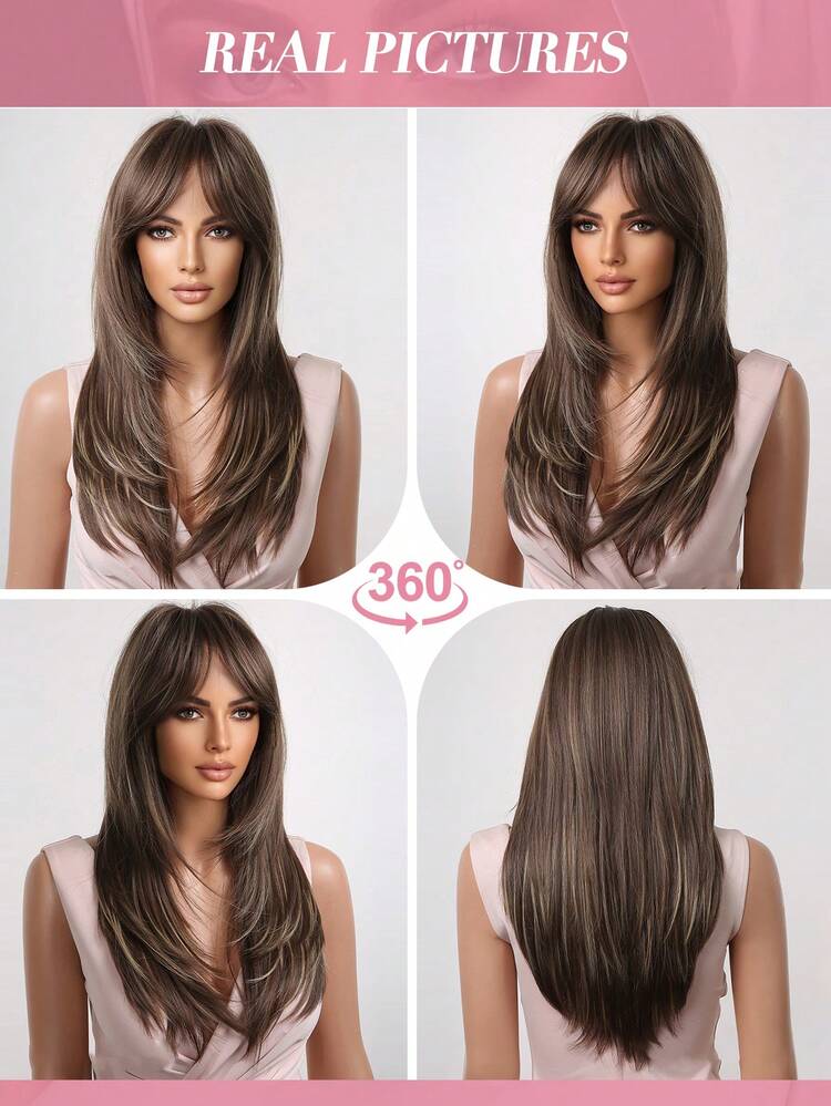 Tóc giả nguyên đầu màu nâu highlight | 24 inch | Tóc dài thẳng tỉa layer có mái, mềm mượt, sợi tổng hợp chịu nhiệt, dành cho nữ, cosplay, thoải mái thoáng khí, vẻ ngoài tự nhiên, chống rối, phù hợp lễ hội và phối đồ hàng ngày - Màu nâu highlight - Xem 8