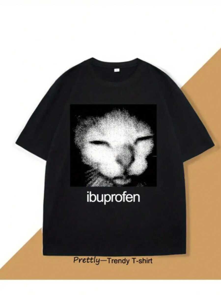 Women's Round Neck T-Shirt With Shu Le Shui Ibuprofen Cat Meme Print, Fashion Women's T-Shirt With Funny "Ibuprofen" Graphic Print, Casual Short Sleeve T-Shirt, Promotion Women's Top, Comfort For All Seasons - màu đen - Xem 1