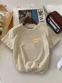 Camiseta de manga corta de verano para niño con impresión de lema "Día feliz comiendo hamburguesas y pasteles jugando en monopatín"