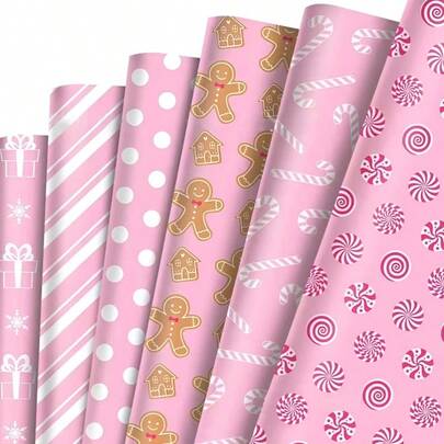 12 张粉色圣诞包装纸，带有雪花姜饼人图案 - 节日装饰包装纸，适合节日礼物，鲜艳的彩色印花，非常适合圣诞派对礼物、朋友和爱人礼物包装圣诞节圣诞装饰圣诞睡衣圣诞礼物圣诞装饰