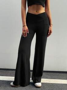 Calça feminina casual de cor sólida, tecido elástico alto, confortável, cintura em V, com bolsos laterais, perna larga e boca de sino