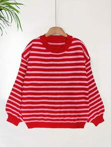 女士休闲宽松条纹圆领落肩毛衣，适合春季、秋冬季节，女士休闲上衣，优雅女士衬衫派对上衣红色上衣假日装扮 - 紅色 - 查看 3