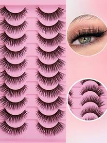 10 Pairs Of 6-14mm False Eyelashes! Curly And Thick Super Adhesive -3D, Reusable, Soft, Lightweight, Artificial Mink Eyelash, Suitable For Date/Travel/Photography, Amplify Your Eyes To Show Vitality, Exquisite Eye Makeup, No Style Selection - 濃密款 - 查看 3
