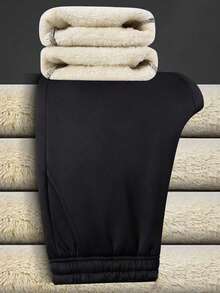 Pantalones rectos de cintura elástica con forro térmico, de unicolor clásico, con bolsillo lateral, para deportes y uso casual al aire libre, para adolescentes varones, invierno - Negro - Ver 1