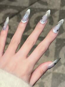 10 piezas de uñas usables hechas a mano puras con forma de uña ovalada mediana, uñas con diseño de lazo de ojo de gato de color degradado rosa pintado a mano, uñas simples de alta calidad, uñas postizas