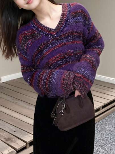 Alicedudu 女士新款渐变色纱线V领套头衫，秋冬