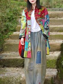 LUZU JUNU Women's Trench Coat Floral Print Long Cotton Linen Jacke Cottagecore Clothing Patchwork Outwear Bohemian Unique - 綠夾克 - 查看 8