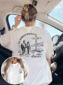 [2025 nueva llegada] camiseta de mujer de manga corta de verano con patrón de doble cara diseño impreso casual con cuello redondo camiseta de mujer top - Blanco - Ver 1