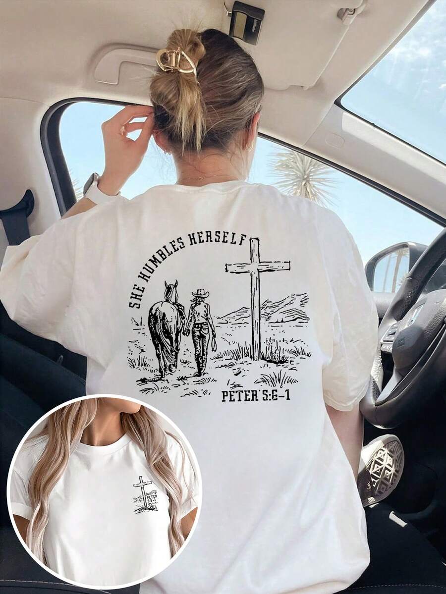 [2025 nueva llegada] camiseta de mujer de manga corta de verano con patrón de doble cara diseño impreso casual con cuello redondo camiseta de mujer top - Blanco - Ver 1