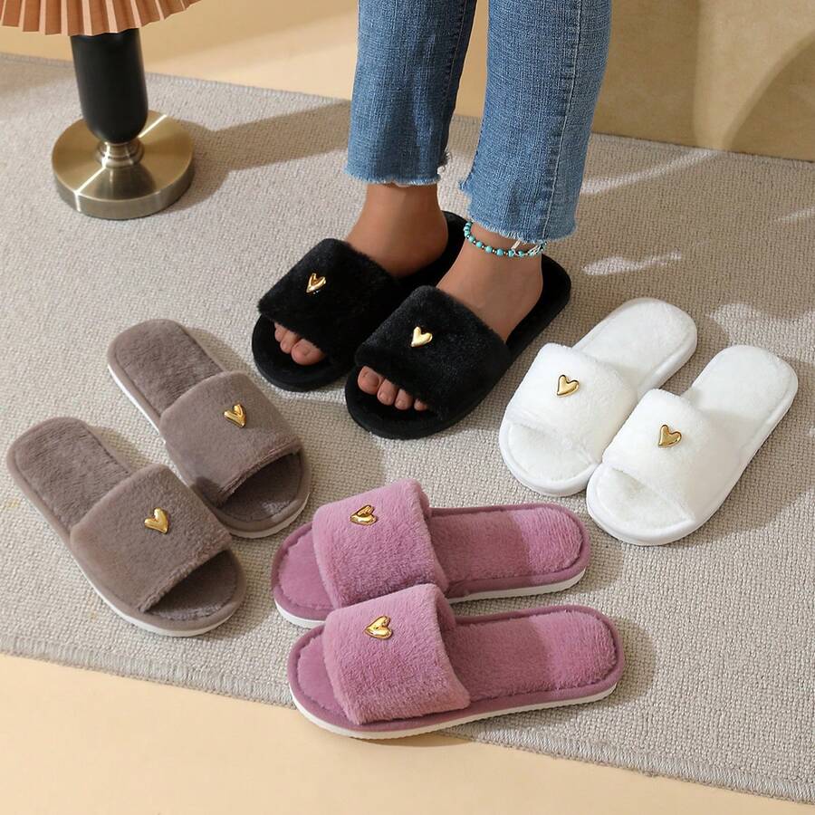 Premium Fashion Heart Decor Plush Slippers For Women, Soft & Comfortable Soft-Sole Lightweight, Suitable For Living Room & Bedroom, All Season Insulation, Galentines, Puppy, Carnival, Party Decorations, Shoe, Spring Summer Picks, Brides Maid Gifts, Room, Bedroom Decor, Bedroom Decor, Beach, Travel, For Men, For Women, Vacation - Multicolor - View 1