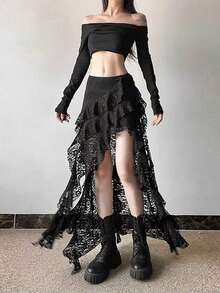 1 Peça Saia Assimétrica de Renda Retalhos com Babado Assimétrico na Barra, Roupas de Outono Preto e Branco para Mulheres - Multicolorido - Visão 10